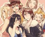  &gt;_&lt; 3girls :d black_hair blonde_hair blue_eyes brown_hair closed_eyes crossed_arms everyone eyes_closed facial_tattoo final_fantasy final_fantasy_viii fingerless_gloves flipped_hair gloves hand_holding hat holding_hands irvine_kinneas laughing multiple_boys multiple_girls open_mouth quistis_trepe rinoa_heartilly rubish_(artist) scar selphie_tilmitt smile squall_leonhart tattoo teeth v xd zell_dincht 