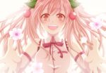  blush bow cherry_blossoms flower glowing hair_flower hair_ornament hatsune_miku object_namesake ribbon sakura_miku solo vocaloid yuha_(yh-krm) 