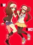  baseball_cap blue_eyes boots brown_hair cutoffs denim_shorts double_bun female_protagonist_(pokemon_bw2) hat leggings legwear_under_shorts long_hair mei_(pokemon) multiple_girls nicole_(usako) pantyhose pokemon pokemon_(game) pokemon_black_and_white pokemon_bw pokemon_bw2 ponytail raglan_sleeves red_background shoes shorts simple_background skirt skort smile sneakers touko_(pokemon) twintails usako_(26) vest visor visor_cap wink wristband yuri 