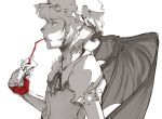  blood drink drinking fang hat monochrome plus-kitsch remilia_scarlet short__hair short_hair solo spot_color straw touhou vampire wings 