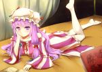  book crescent hand_on_own_face hat highres long_hair lying on_stomach open_book pantyhose patchouli_knowledge purple_eyes purple_hair solo striped sumtj touhou violet_eyes 