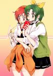  bow drink food green_eyes green_hair hair_bow hair_ornament hairclip hino_akane hug hug_from_behind midorikawa_nao multiple_girls necktie ponytail precure red_eyes red_hair redhead school_uniform sleeves_rolled_up smile_precure! sweater_around_waist sweater_vest tima vest 