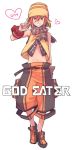  1boy ayao77 beanie detached_sleeves fujiki_kouta god_eater grin hat heart navel orange_eyes orange_hair scarf simple_background smile solo striped striped_scarf title_drop translated translation_request white_background 