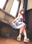  brown_eyes brown_hair dress feet foreshortening lens_flare meiko open_shoes sandals scarf sitting smile solo toes vocaloid 