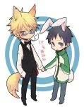  animal_ears ayao77 black_hair blonde_hair blue_eyes blush bow bunny_ears bunny_tail chibi cigarette durarara!! glasses hand_holding hands_in_pockets heiwajima_shizuo holding_hands kemonomimi_mode looking_at_viewer male multiple_boys open_mouth ryuugamine_mikado smoking tail track_jacket translated translation_request wolf_ears wolf_tail yaoi yellow_eyes 