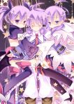  aisha_(elsword) closed_eyes elsword eyes_closed leg_warmers loafers multiple_persona natsu_dora purple purple_background purple_eyes purple_hair purple_legwear shoes short_hair skirt smile star thigh-highs thighhighs twintails violet_eyes 