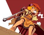  aki_minoriko bare_legs barefoot chair cup dutch_angle feet food fruit grapes gun hat matchlock musket onikobe_rin sitting smile solo steam table teacup teapot toes touhou weapon 