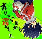  bad_id blue_eyes blue_hair hand_in_pocket hue_(pokemon) jacket male open_mouth pants poke_ball pokemon pokemon_(game) pokemon_bw2 rival_(pokemon_bw2) solo spiked_hair thunderspark translated upside-down 