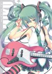  bare_shoulders blush electric_guitar glasses green_eyes green_hair guitar hatsune_miku headphones instrument long_hair necktie sisco solo striped striped_legwear thigh-highs thighhighs twintails vocaloid vocaloid_(lat-type_ver) 