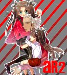  2girls anger_vein archer black_legwear blue_eyes brown_eyes brown_hair carrying child dual_persona fate/stay_night fate/zero fate_(series) hair_ribbon multiple_girls orbe ribbon teenage thigh-highs thighhighs time_paradox tohsaka_rin toosaka_rin two_side_up white_hair young 