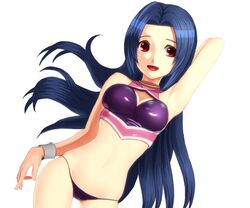  :d armpits blue_hair breasts idolmaster long_hair midriff miura_azusa open_mouth panties red_eyes smile solo takahirokun thong underwear wristband 