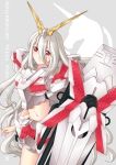  albino bad_id blush gundam gundam_unicorn long_hair mecha_musume midriff navel personification philomelalilium red_eyes shield solo unicorn_gundam very_long_hair white_hair 