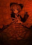  1girl :q blush bow dress face hair_bow hands harusame_(unmei_no_ikasumi) highres kurodani_yamame looking_at_viewer outstretched_arm ponytail red red_eyes short_hair smile solo spider_web tongue tongue_out touhou 