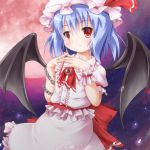  bat_wings blush brooch chain chains fang full_moon hat jewelry kanna_hisashi moon red_eyes red_moon remilia_scarlet short_hair skirt skirt_set slit_pupils smile solo touhou wings wrist_cuffs 