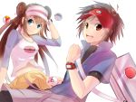  1girl bag blue_eyes brown_eyes brown_hair clenched_hand double_bun female_protagonist_(pokemon_bw2) holding holding_poke_ball jacket kyouhei_(pokemon) long_hair magister_(bigbakunyuu) male_protagonist_(pokemon_bw2) mei_(pokemon) midriff pantyhose poke_ball pokemon pokemon_(game) pokemon_bw2 raglan_sleeves shorts skirt twintails visor_cap watch wristwatch 