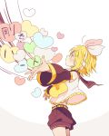  1girl 4_(nakajima4423) arm_warmers blonde_hair bow brown_eyes hair_bow hair_ornament hairclip headset heart kagamine_rin nail_polish sailor_collar short_hair shorts sleeveless translation_request vocaloid 