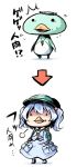  1girl backpack bag blue_hair chibi directional_arrow hair_bobbles hair_ornament ham_(points) hat kappa kawashiro_nitori key o_o randoseru solid_circle_eyes touhou translation_request twintails white_background 