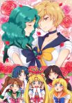  6+girls 7girls aino_minako alternate_eye_color aqua_hair bishoujo_senshi_sailor_moon blonde_hair blue_eyes blue_hair blush bow breasts brown_eyes brown_hair choker cleavage closed_eyes crescent earrings elbow_gloves flower gloves green_eyes hair_bow half_updo hand_to_mouth hino_rei imagining jewelry kaiou_michiru kino_makoto long_hair magical_girl mizuno_ami multiple_girls nanami_nana open_mouth petals rose sailor_jupiter sailor_mars sailor_mercury sailor_moon sailor_neptune sailor_senshi sailor_uranus sailor_venus short_hair star ten&#039;ou_haruka ten'ou_haruka tsukino_usagi wavy_mouth yuri 