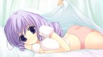  1girl :3 bed game_cg panties purple_eyes purple_hair smile solo strawberry_feels underwear yoshiwo 