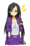  angry belt black_hair breasts gangster hands_in_pockets highres idolmaster idolmaster_cinderella_girls jacket long_hair mukai_takumi sleeves_rolled_up solo tomtomtoy yellow_eyes 
