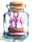  &gt;_&lt; :&lt; \o/ arms_up blush book_stack chibi cork dress ehimedaisuki in_container jar long_hair outstretched_arms patchouli_knowledge purple_hair pushing solo touhou trembling wide_sleeves 