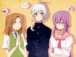  3girls androgynous annoyed blue_eyes brown_hair crossdressinging crossed_arms gakuran happy heart height_difference long_hair melty_blood multiple_girls nagato123 necktie purple_eyes purple_hair reverse_trap riesbyfe_stridberg school_uniform serafuku short_ponytail silver_hair sion_eltnam_atlasia smile spoken_heart sweater_vest tomboy tsukihime twintails very_long_hair violet_eyes yumizuka_satsuki 