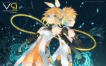  2d back_to_back blonde_hair blue_eyes dress dutch_angle elbow_gloves headphones kagamine_len kagamine_rin looking_back vocaloid wallpaper wire 