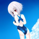  ass character_request competition_swimsuit from_behind looking_back one-piece_swimsuit red_eyes short_hair swimsuit white_hair zutsu 