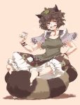 animal_ears bloomers breasts brown_eyes brown_hair cup drooling drunk futatsuiwa_mamizou glasses highres iroyopon large_breasts leaf leaf_on_head open_mouth raccoon_ears raccoon_tail shirt sitting sitting_on_tail skirt smile solo tail touhou