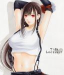  arms_behind_head breasts brown_hair character_name colored_pencil_(medium) elbow_gloves final_fantasy final_fantasy_vii fingerless_gloves gloves juliejulie large_breasts long_hair marker_(medium) midriff navel red_eyes solo suspenders tifa_lockhart traditional_media 