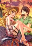  1girl ahoge araragi_koyomi bare_shoulders bicycle black_hair blonde_hair doughnut fang hair_over_one_eye hat monogatari_(series) nisemonogatari oshino_shinobu pcmaniac88 pointy_ears sitting sunset sweatdrop yellow_eyes 