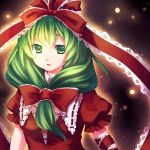  bow dress frills front_ponytail green_eyes green_hair hair_bow hair_ribbon kagiyama_hina myaaco ribbon solo touhou yutazou 