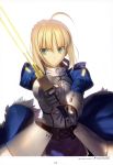  absurdres ahoge armor armored_dress blonde_hair breastplate dress excalibur fate/zero fate_(series) faulds frown gauntlets glowing glowing_weapon green_eyes highres holding official_art puffy_sleeves saber serious short_hair simple_background solo sword takeuchi_takashi weapon white_background 