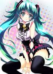  earrings green_eyes green_hair hatsune_miku heart jewelry long_hair musical_note pecorin sitting solo spring_onion thigh-highs thighhighs twintails very_long_hair vocaloid 