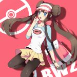  bag black_legwear blue_eyes brown_hair double_bun female_protagonist_(pokemon_bw2) holding holding_poke_ball leggings legwear_under_shorts mei_(pokemon) okrboooom open_mouth pantyhose poke_ball pokemon pokemon_(game) pokemon_bw2 purse raglan_sleeves shorts skirt twintails visor_cap 