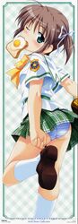  ;) absurdres asagiri_mai brown_hair green_eyes highres kuuchuu_yousai long_image looking_back mouth_hold panties pantyshot_(standing) school_uniform stick_poster striped striped_panties sunny_side_up_egg tall_image toast toast_in_mouth underwear wink yoake_mae_yori_ruri_iro_na 