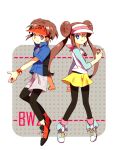  1boy 1girl black_legwear breasts brown_eyes brown_hair dalim double_bun hat highres holding holding_poke_ball jacket kyouhei_(pokemon) leggings legwear_under_shorts mei_(pokemon) pantyhose poke_ball pokemon pokemon_(game) pokemon_bw2 polka_dot polka_dot_background raglan_sleeves shoes shorts skirt sneakers socks spiked_hair spiky_hair steam_(dalim) twintails visor_cap wink 