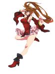  absurdres breasts brown_hair china_dress chinese_clothes fighting_stance guilty_gear hair_ring highres kuradoberi_jam long_hair makai red_eyes sideboob simple_background solo translation_request twintails white_background 