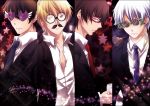  bespectacled blue_eyes brown_eyes brown_hair facial_hair fancy_glasses fate/zero fate_(series) formal funny_glasses gilgamesh glasses goatee goggles green-framed_glasses heart-shaped_glasses hesokugi heterochromia kotomine_kirei male matou_kariya multiple_boys necktie red-framed_glasses red_eyes sparkle suit tohsaka_tokiomi toosaka_tokiomi 