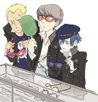  1girl 2boys :&lt; androgynous blonde_hair blue_eyes blue_hair blush bullet cabbie_hat collared_shirt crossdressinging embarrassed expressionless frown glasses grey_eyes grey_hair hat height_difference jacket jewelry long_sleeves mirror multiple_boys necklace open_clothes open_jacket persona persona_4 reverse_trap scar school_uniform serious short_hair skull_and_crossbones standing thepapermouse tomboy 