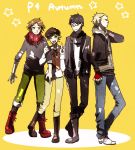  :d alternate_costume arm_holding artist_request belt blonde_hair blue_eyes boots brown_eyes brown_hair cabbie_hat fingerless_gloves glasses gloves grey_eyes grey_hair hanamura_yousuke hat holding_arm hoodie jeans kuma_(persona_4) looking_at_viewer looking_away multiple_boys narukami_yuu open_mouth pants persona persona_4 scarf shoes short_hair smile standing tatsumi_kanji title_drop vest 