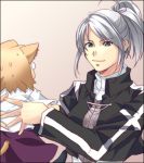  animal_ears blue_eyes bolero breastplate carnival_phantasm cat_ears cat_tail cropped_jacket holding jacket lowres melty_blood multiple_girls nekoarc riesbyfe_stridberg short_hair short_ponytail silver_hair sweatdrop tail tsukihime type-moon uchida_shiki 