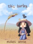  1girl :o animal_on_head barley bird bird_on_head bug cloud commentary english facial_hair field fly funny_glasses glasses hat highres john_su kneeling low_twintails mustache original outdoors overalls parody pun sky sleeves_rolled_up text twintails typo wheat |_| 