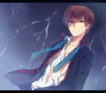  brown_hair highres lightning little_busters!! male natsume_kyousuke nunko rain red_eyes school_uniform short_hair solo torn_clothes wet 