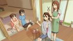  barefoot bonjin brown_eyes brown_hair casual cellphone cutting_hair glasses hairdressing half_rim_glasses hirasawa_ui hirasawa_yui k-on! manabe_nodoka mrs._hirasawa phone red-framed_glasses scissors semi-rimless_glasses short_hair under-rim_glasses 