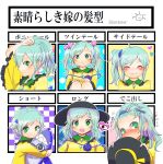  alternate_hair_length alternate_hairstyle blush bow embarrassed eyeball forehead green_eyes green_hair hair_bow hair_ornament hairclip hat hat_removed headwear_removed highres komeiji_koishi long_hair open_mouth ponytail short_hair side_ponytail sisenshyo smile solo third_eye touhou twintails 