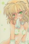  alternate_costume arm_warmers blonde_hair clenched_teeth green_eyes highres marker_(medium) mizuhashi_parsee mouth_hold navel nishina_masato pointy_ears ribbon_in_mouth scarf short_hair sling_bikini solo swimsuit touhou traditional_media 
