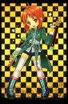  boots checkered checkered_background coat dual_wielding male mao_(tor) red_eyes red_hair redhead shorts smile solo tachibana_beni tales_of_(series) tales_of_rebirth thigh-highs thighhighs tonfa weapon white_legwear 