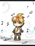  aqua_eyes blonde_hair chibi detached_sleeves headset kagamine_len letterboxed male musical_note ria shorts solo standing vocaloid 