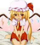  bare_legs barefoot between_breasts blonde_hair blush breasts clothes_between_breasts dr._cryptoso fangs flandre_scarlet hat hat_ribbon highres midriff navel open_mouth red_eyes ribbon shirt side_ponytail sitting skirt skirt_set slit_pupils smile solo touhou v_arms wariza wings 